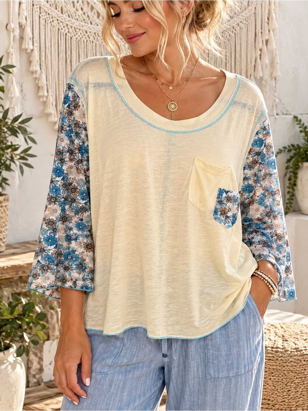 324 NWOT POL Cream Scoop Neck Top with Blue Floral Sleeves Size Small